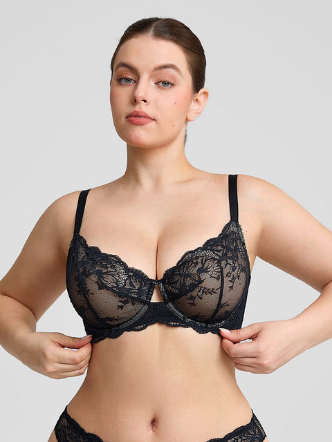 Curvypower Women's Lingerie > Bras > Sheer Floral Lace Bra Black / 32 / B Sheer Floral Lace Bra with Underwire and Mesh Lining