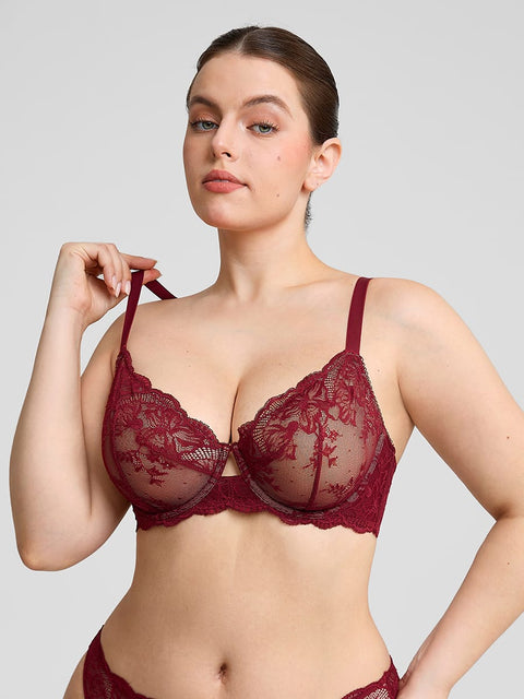 Curvypower Women's Lingerie > Bras > Sheer Floral Lace Bra Burgundy Red / 32 / B Sheer Floral Lace Bra with Underwire and Mesh Lining