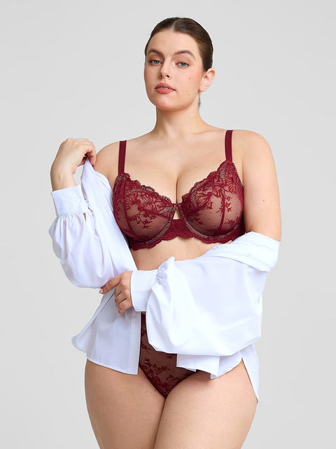 Curvypower Women's Lingerie > Bras > Sheer Floral Lace Bra Sheer Floral Lace Bra with Underwire and Mesh Lining