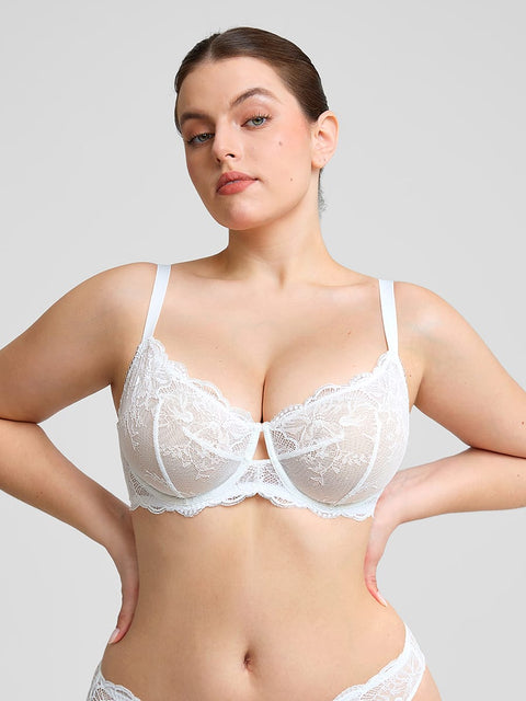 Curvypower Women's Lingerie > Bras > Sheer Floral Lace Bra White / 32 / B Sheer Floral Lace Bra with Underwire and Mesh Lining