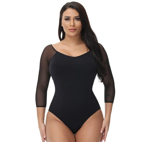 CurvyPower | Be You ! Shapewear S Women Sheer Mesh Mid-Sleeve Shapewear Bodysuit Thong