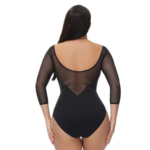 CurvyPower | Be You ! Shapewear Women Sheer Mesh Mid-Sleeve Shapewear Bodysuit Thong