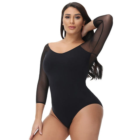 CurvyPower | Be You ! Shapewear Women Sheer Mesh Mid-Sleeve Shapewear Bodysuit Thong
